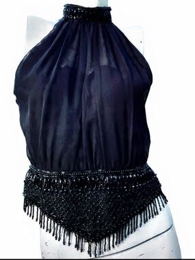 VINTAGE GORGEOUS Beaded High-Neck Black Halter Blouse (Jack Bryan)